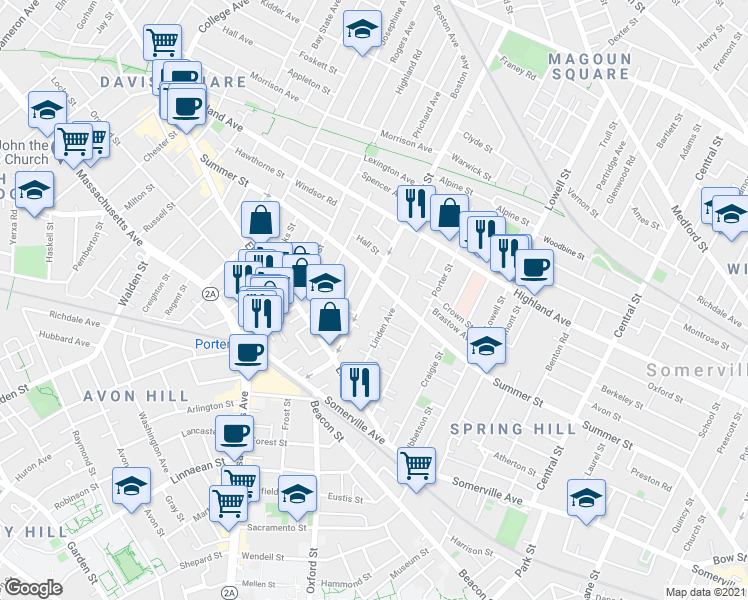 map of restaurants, bars, coffee shops, grocery stores, and more near 53 Cedar Street in Somerville