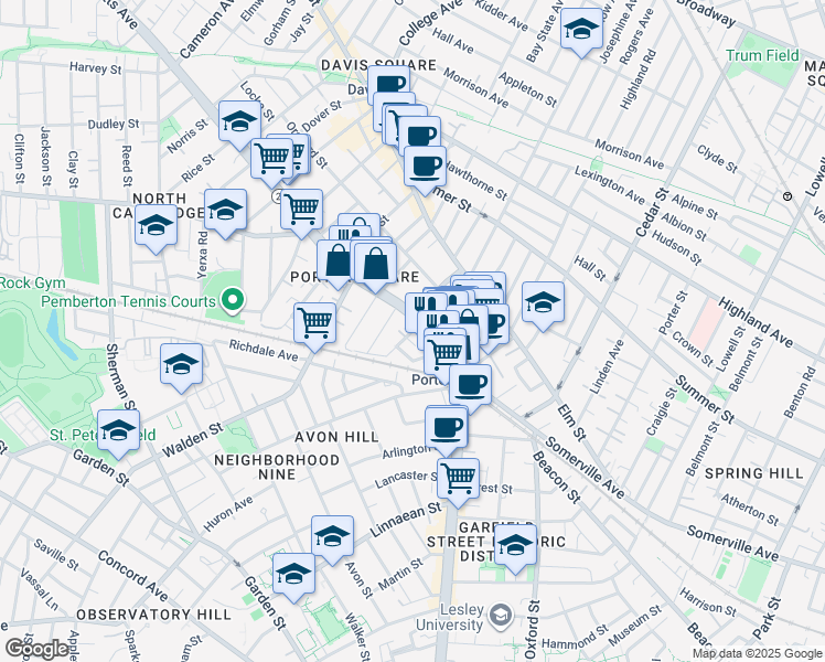 map of restaurants, bars, coffee shops, grocery stores, and more near 1972 Massachusetts Avenue in Cambridge