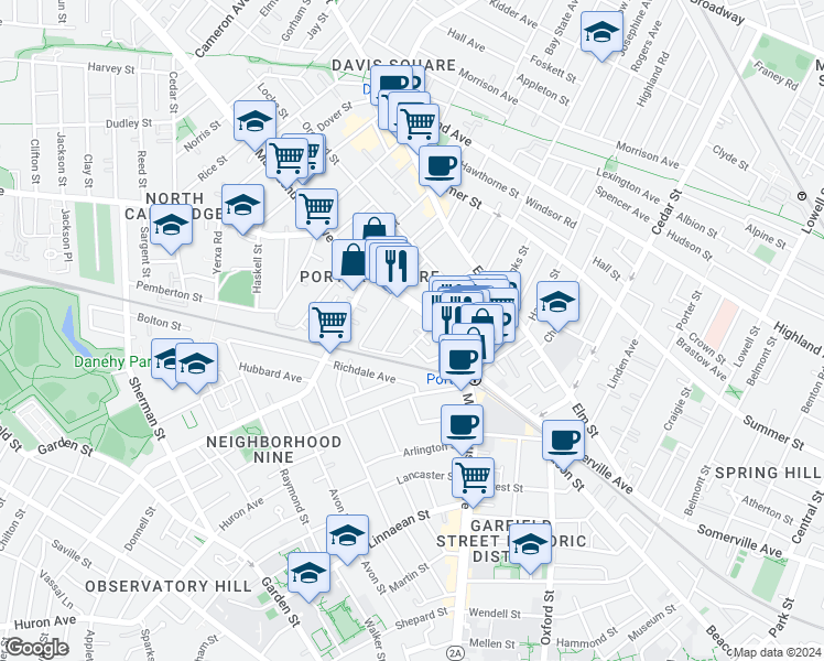 map of restaurants, bars, coffee shops, grocery stores, and more near 1972 Massachusetts Avenue in Cambridge