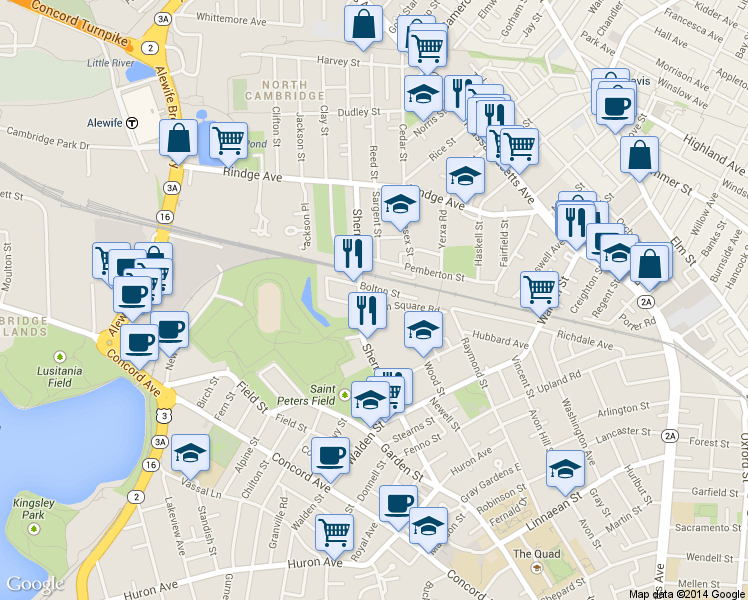 map of restaurants, bars, coffee shops, grocery stores, and more near 78 Bolton Street in Cambridge