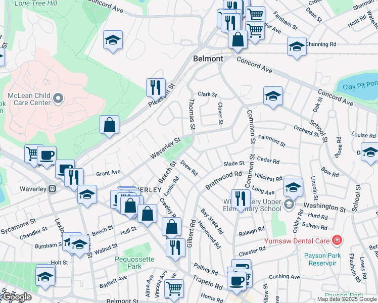 map of restaurants, bars, coffee shops, grocery stores, and more near 285 Beech Street in Belmont
