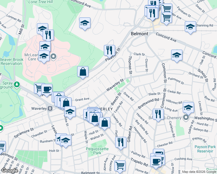 map of restaurants, bars, coffee shops, grocery stores, and more near 13 Prince Street in Belmont