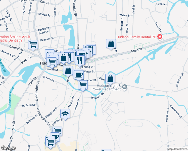 map of restaurants, bars, coffee shops, grocery stores, and more near 27 Winter Street in Hudson
