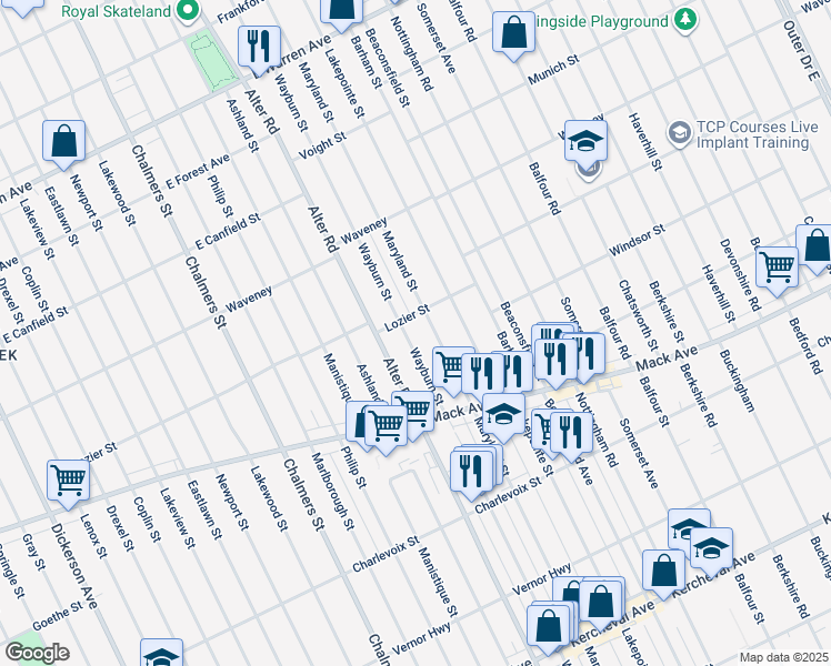 map of restaurants, bars, coffee shops, grocery stores, and more near 3683 Wayburn Street in Detroit