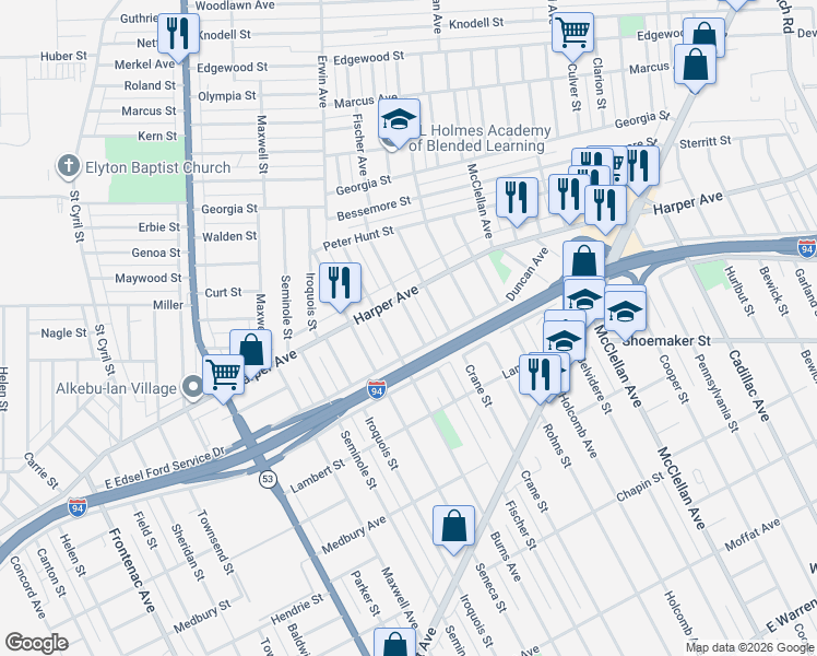 map of restaurants, bars, coffee shops, grocery stores, and more near 6469 Fischer Avenue in Detroit