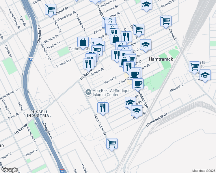 map of restaurants, bars, coffee shops, grocery stores, and more near 2292 Hewitt Street in Hamtramck