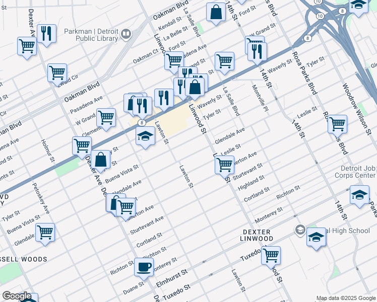 map of restaurants, bars, coffee shops, grocery stores, and more near 2721 Buena Vista Street in Detroit