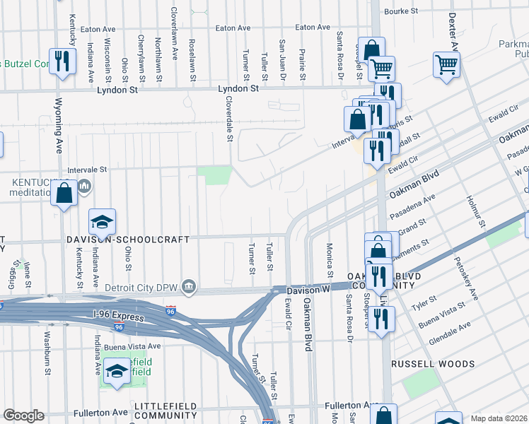 map of restaurants, bars, coffee shops, grocery stores, and more near 13975 Tuller Street in Detroit