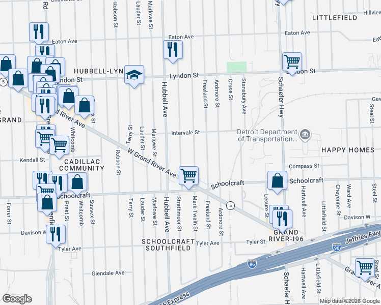 map of restaurants, bars, coffee shops, grocery stores, and more near 14124 Strathmoor Street in Detroit