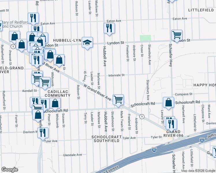map of restaurants, bars, coffee shops, grocery stores, and more near 14095 Hubbell Avenue in Detroit