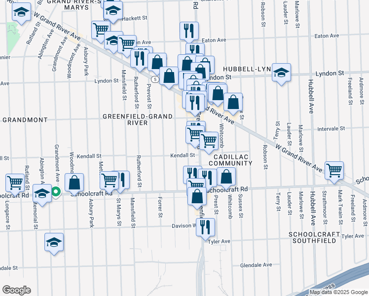 map of restaurants, bars, coffee shops, grocery stores, and more near 14142 Winthrop Street in Detroit