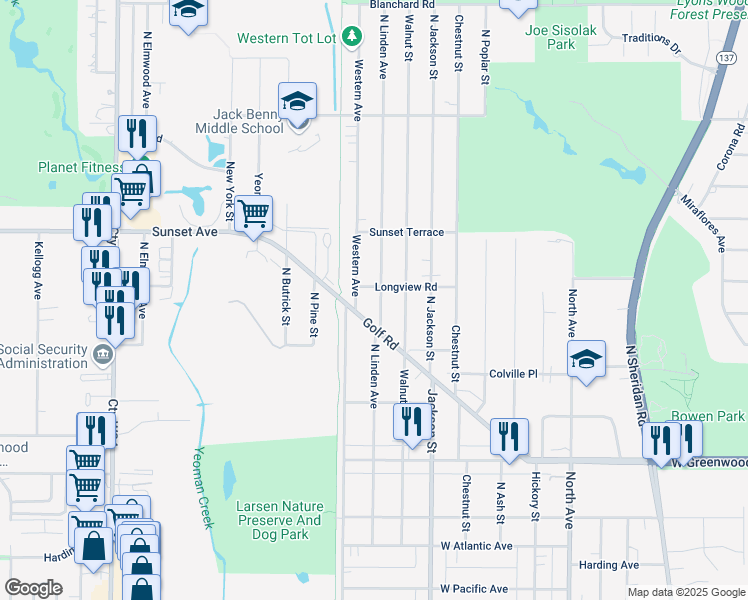 map of restaurants, bars, coffee shops, grocery stores, and more near 1111 Longview Road in Waukegan