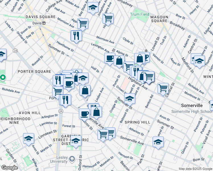 map of restaurants, bars, coffee shops, grocery stores, and more near 9 Porter Avenue in Somerville