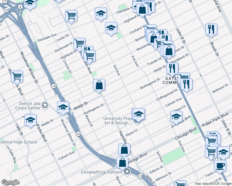 map of restaurants, bars, coffee shops, grocery stores, and more near 871 Webb Street in Detroit