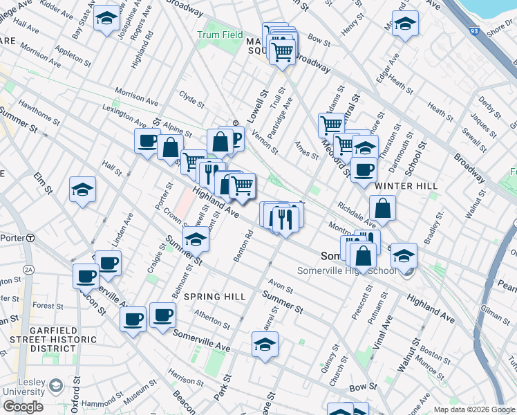 map of restaurants, bars, coffee shops, grocery stores, and more near 31 Hudson Street in Somerville