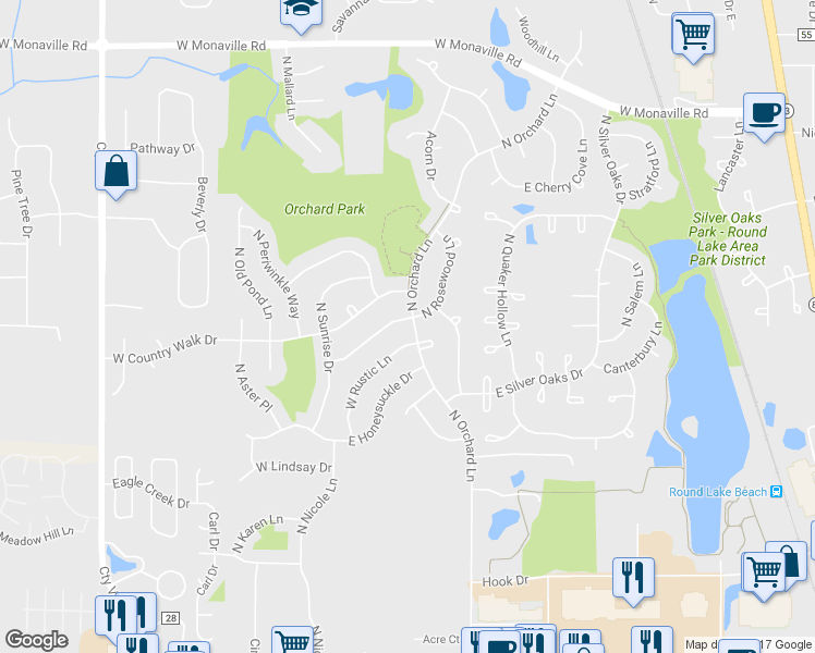map of restaurants, bars, coffee shops, grocery stores, and more near 91 East Rosewood Lane in Round Lake Beach