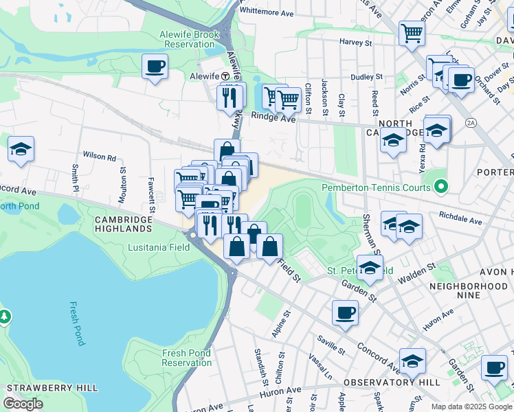 map of restaurants, bars, coffee shops, grocery stores, and more near in Cambridge