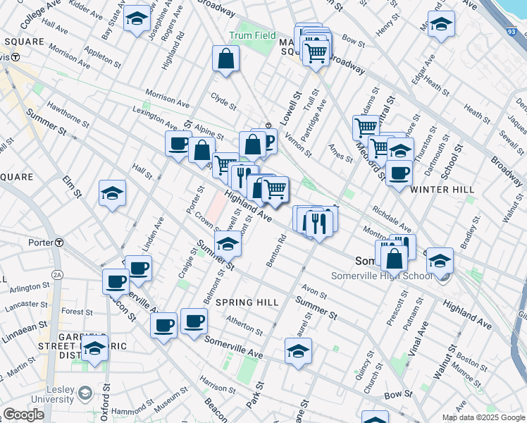 map of restaurants, bars, coffee shops, grocery stores, and more near 191 Highland Avenue in Somerville