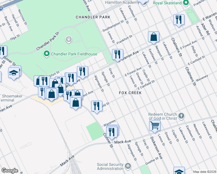 map of restaurants, bars, coffee shops, grocery stores, and more near 4709 Springle Street in Detroit