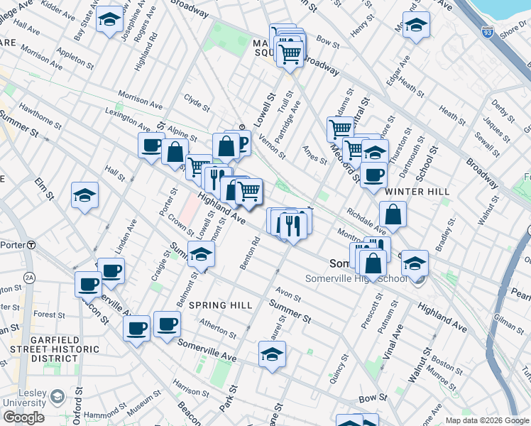 map of restaurants, bars, coffee shops, grocery stores, and more near 31 Hudson Street in Somerville