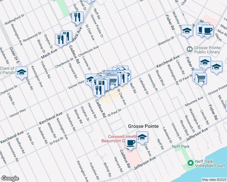 map of restaurants, bars, coffee shops, grocery stores, and more near 17030 Kercheval Place in Grosse Pointe