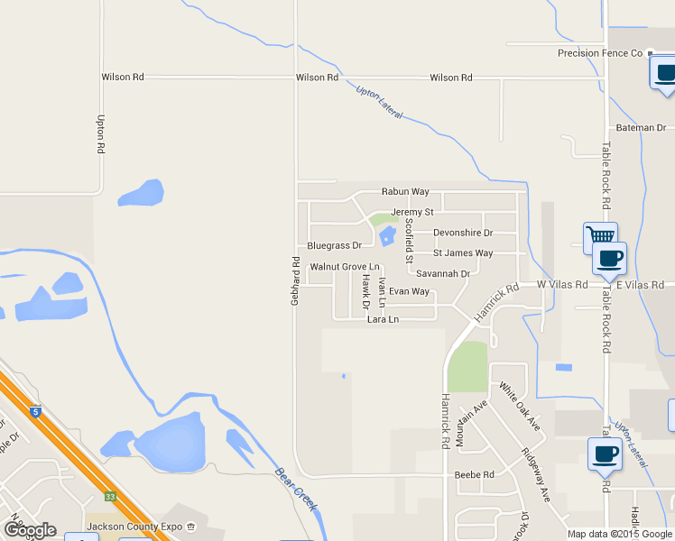 map of restaurants, bars, coffee shops, grocery stores, and more near 1409 Twin Rocks Drive in Central Point