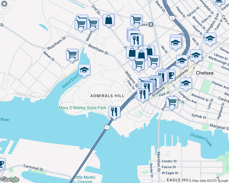 map of restaurants, bars, coffee shops, grocery stores, and more near 5 Admirals Way in Chelsea