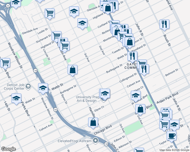 map of restaurants, bars, coffee shops, grocery stores, and more near 804 Burlingame Street in Detroit