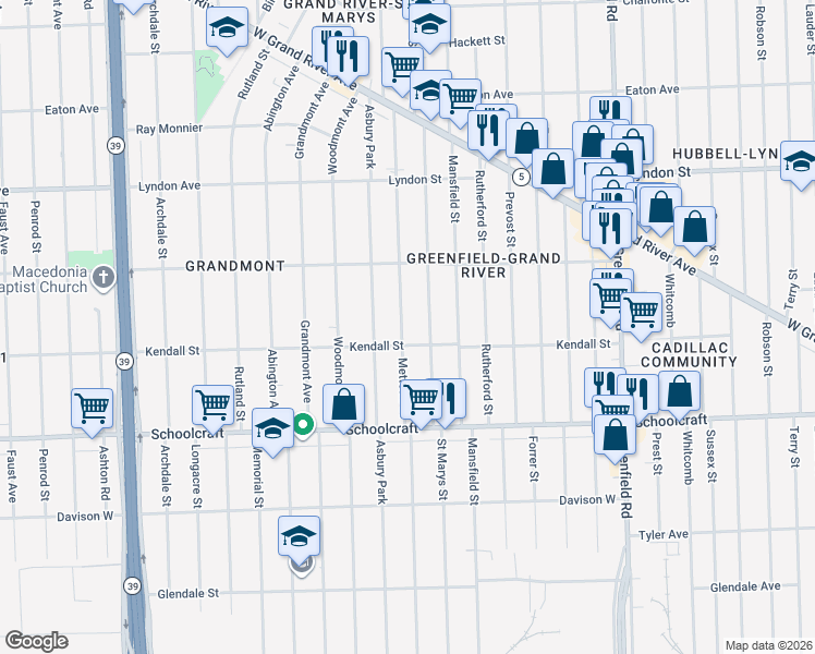 map of restaurants, bars, coffee shops, grocery stores, and more near 14136 Mettetal Street in Detroit