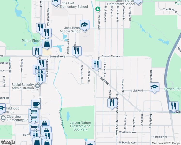 map of restaurants, bars, coffee shops, grocery stores, and more near 1201 Golf Road in Waukegan