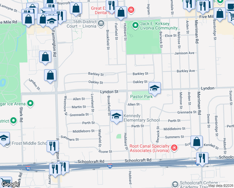 map of restaurants, bars, coffee shops, grocery stores, and more near 32655 Lyndon in Livonia