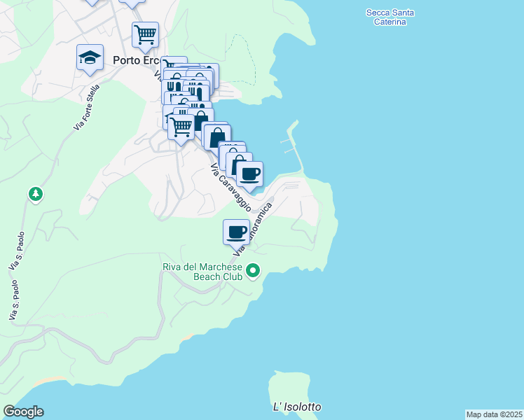 map of restaurants, bars, coffee shops, grocery stores, and more near 1 Via Caravaggio in Porto Ercole