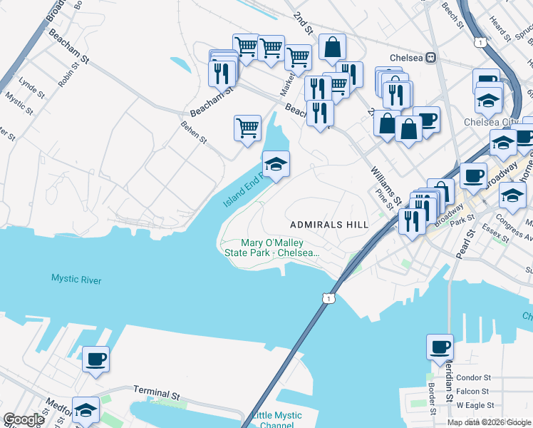 map of restaurants, bars, coffee shops, grocery stores, and more near 61 Breakwater Drive in Chelsea