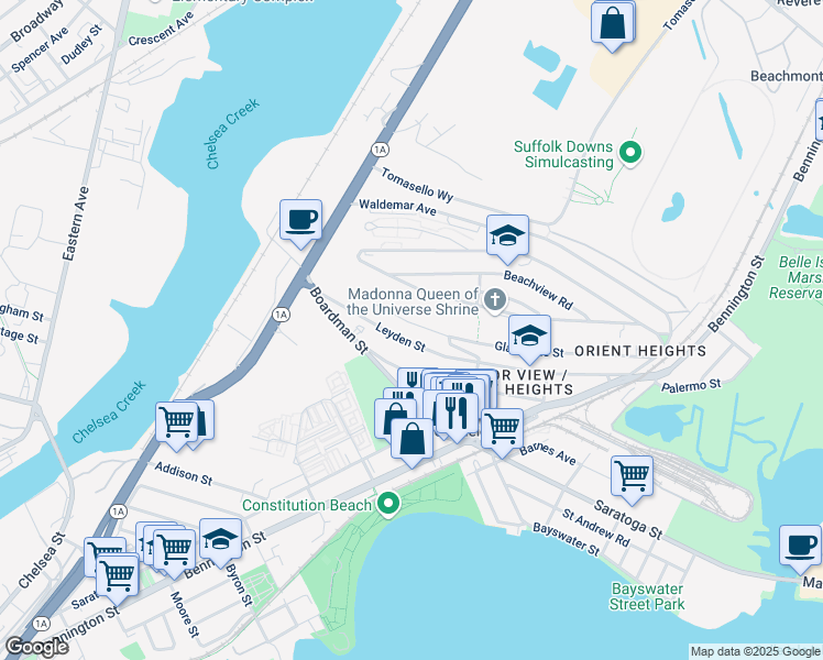map of restaurants, bars, coffee shops, grocery stores, and more near 199 Gladstone Street in Boston