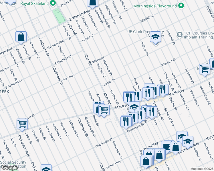 map of restaurants, bars, coffee shops, grocery stores, and more near 3683 Wayburn Street in Detroit