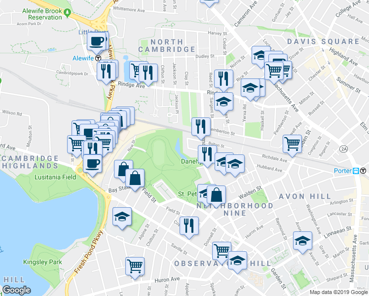 map of restaurants, bars, coffee shops, grocery stores, and more near 29 Bellis Circle in Cambridge