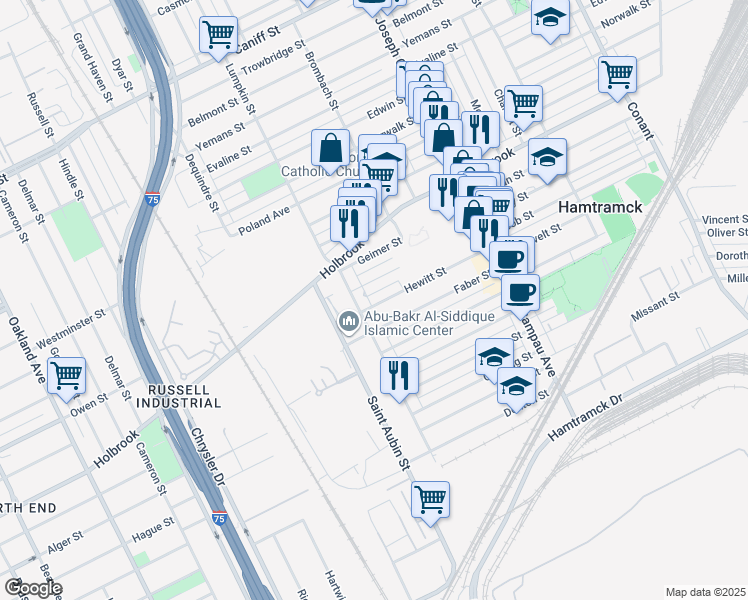 map of restaurants, bars, coffee shops, grocery stores, and more near 2231 Hewitt Street in Hamtramck