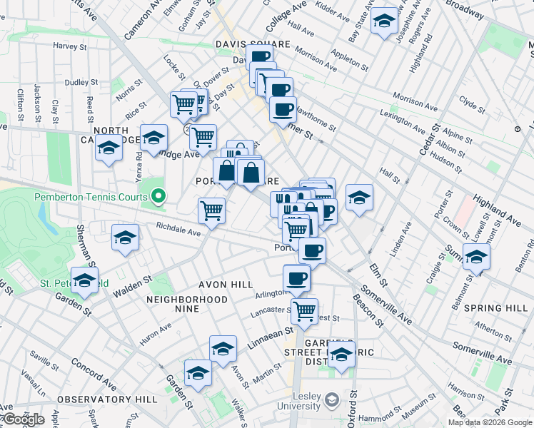 map of restaurants, bars, coffee shops, grocery stores, and more near 1972 Massachusetts Avenue in Cambridge