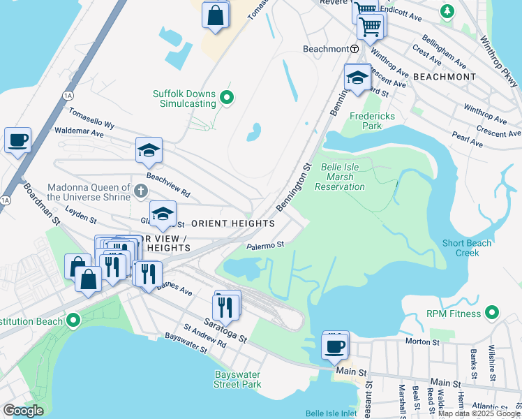map of restaurants, bars, coffee shops, grocery stores, and more near 1222 Bennington Street in Boston