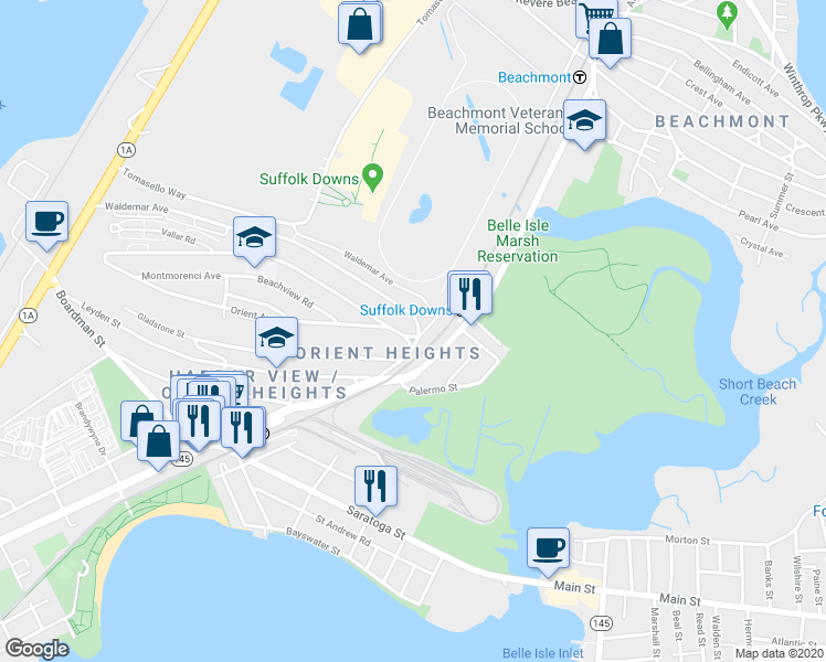 map of restaurants, bars, coffee shops, grocery stores, and more near in Boston