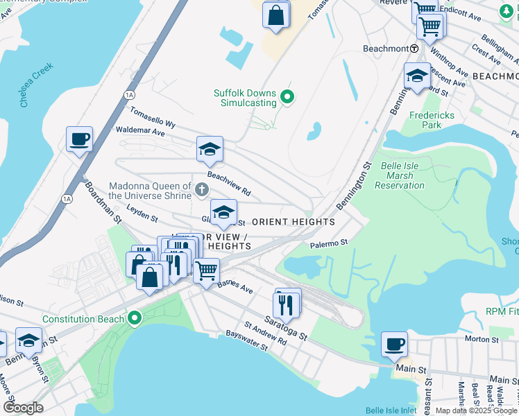 map of restaurants, bars, coffee shops, grocery stores, and more near 76 Orient Avenue in Boston