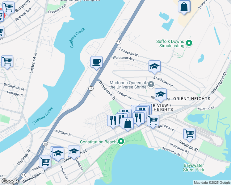map of restaurants, bars, coffee shops, grocery stores, and more near 60 Leyden Street in Boston
