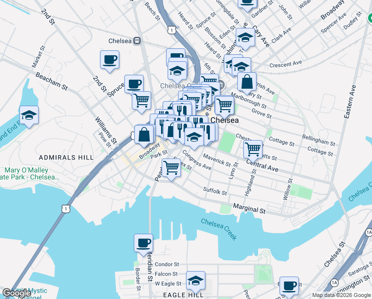 map of restaurants, bars, coffee shops, grocery stores, and more near 99 Hawthorne Street in Chelsea
