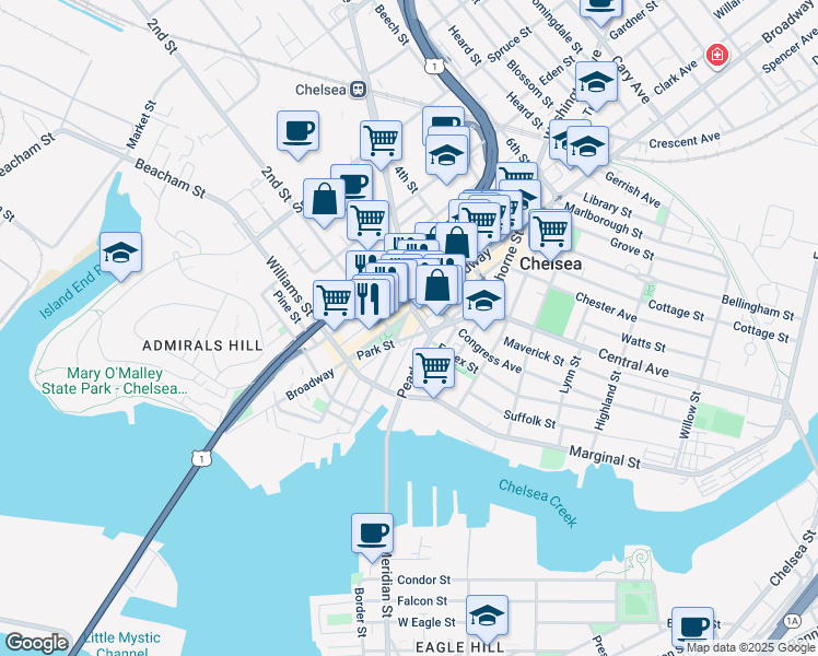 map of restaurants, bars, coffee shops, grocery stores, and more near 177 Winnisimmet Street in Chelsea