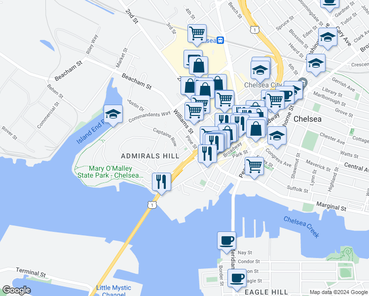 map of restaurants, bars, coffee shops, grocery stores, and more near 95 Beacon Street in Chelsea