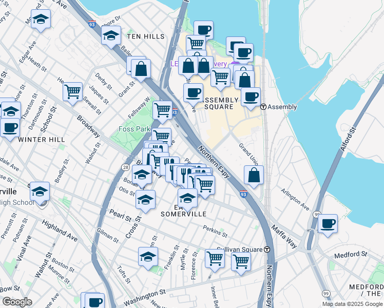 map of restaurants, bars, coffee shops, grocery stores, and more near 11 Connecticut Avenue in Somerville