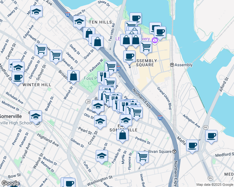 map of restaurants, bars, coffee shops, grocery stores, and more near 38 Cross Street East in Somerville