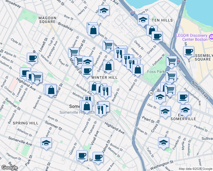 map of restaurants, bars, coffee shops, grocery stores, and more near 13 Howe Street in Somerville