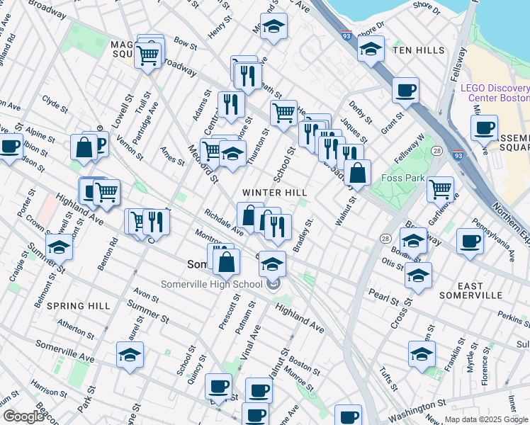 map of restaurants, bars, coffee shops, grocery stores, and more near 192 School Street in Somerville