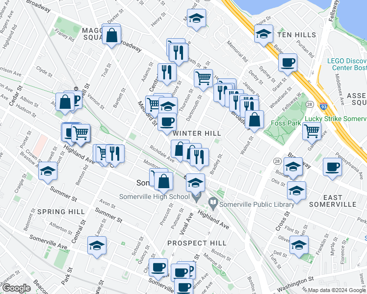map of restaurants, bars, coffee shops, grocery stores, and more near 192 School Street in Somerville